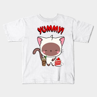 Cute white cat is having coffee and cake Kids T-Shirt